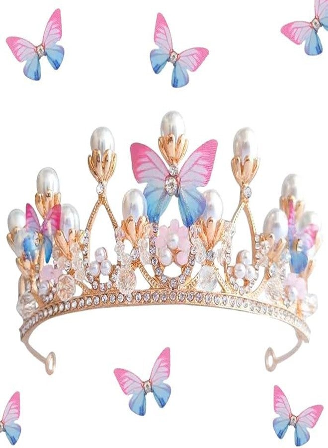 BIYALI Stylish Butterfly Crystal Tiara Crown for girls - Pearl Princess Costume Crown Headband - Flower Pageant Handmade Hair Accessories - Hairpiece for Wedding Bridal Prom Birthday Party Cosplay - Image 1