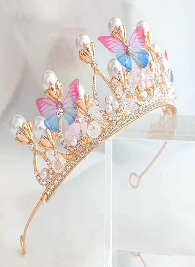BIYALI Stylish Butterfly Crystal Tiara Crown for girls - Pearl Princess Costume Crown Headband - Flower Pageant Handmade Hair Accessories - Hairpiece for Wedding Bridal Prom Birthday Party Cosplay - Image 4