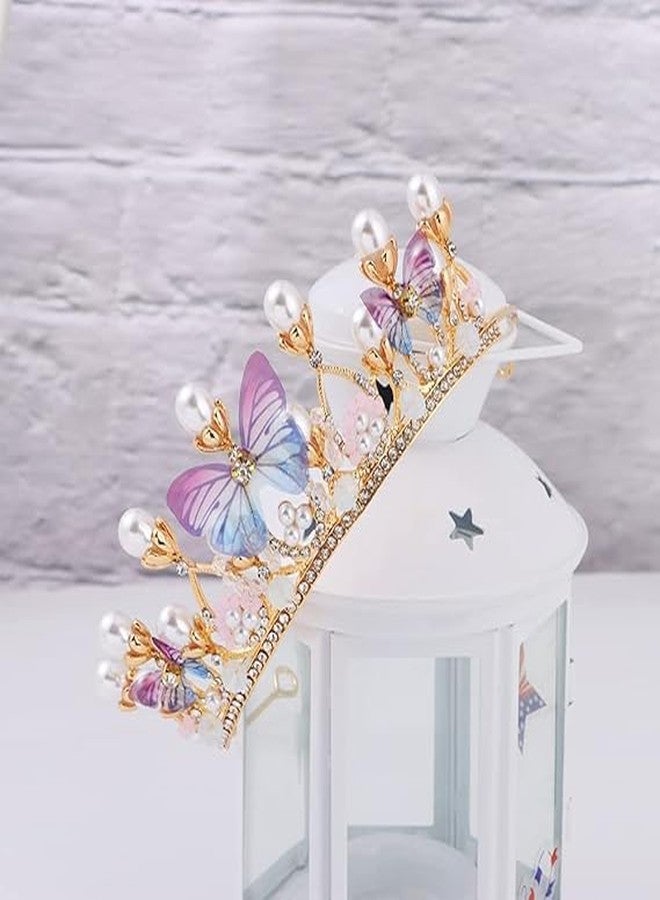 BIYALI Stylish Butterfly Crystal Tiara Crown for girls - Pearl Princess Costume Crown Headband - Flower Pageant Handmade Hair Accessories - Hairpiece for Wedding Bridal Prom Birthday Party Cosplay - Image 5