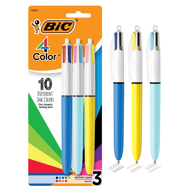 BIC 4-Color Retractable Ballpoint Pen, Long-Lasting Ink and Comfortable Wide Barrel, 3-Count Pack in Assorted Ink - Image 1