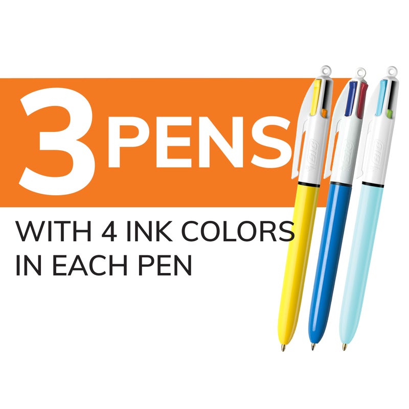 BIC 4-Color Retractable Ballpoint Pen, Long-Lasting Ink and Comfortable Wide Barrel, 3-Count Pack in Assorted Ink - Image 2