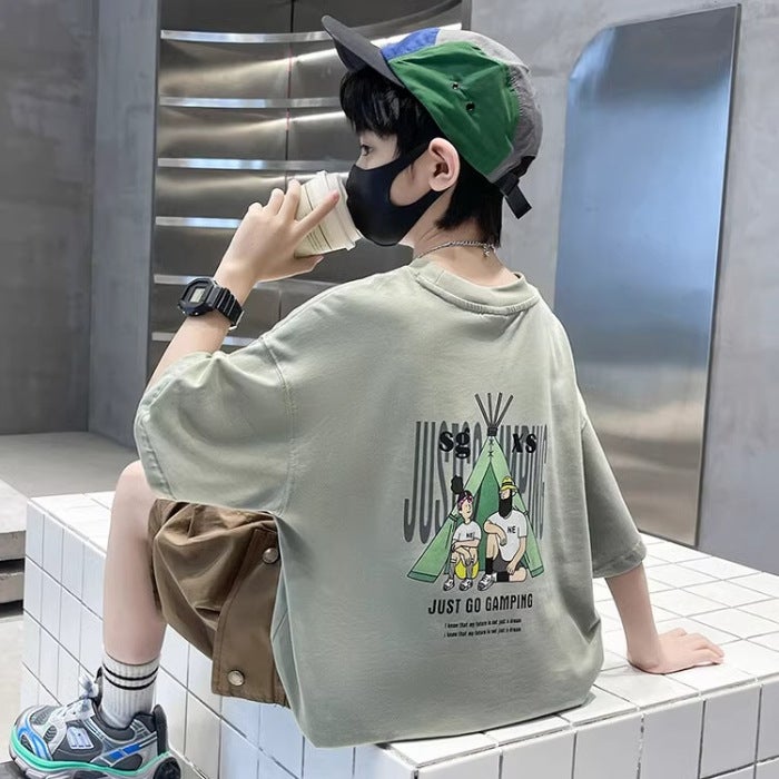 Summer Boys' Short-Sleeve T-Shirt, Children'S Loose Half-Sleeve Trendy Pure Cotton Top For Older Kids, 2026 New Loose Letter Print Shirt - Image 1