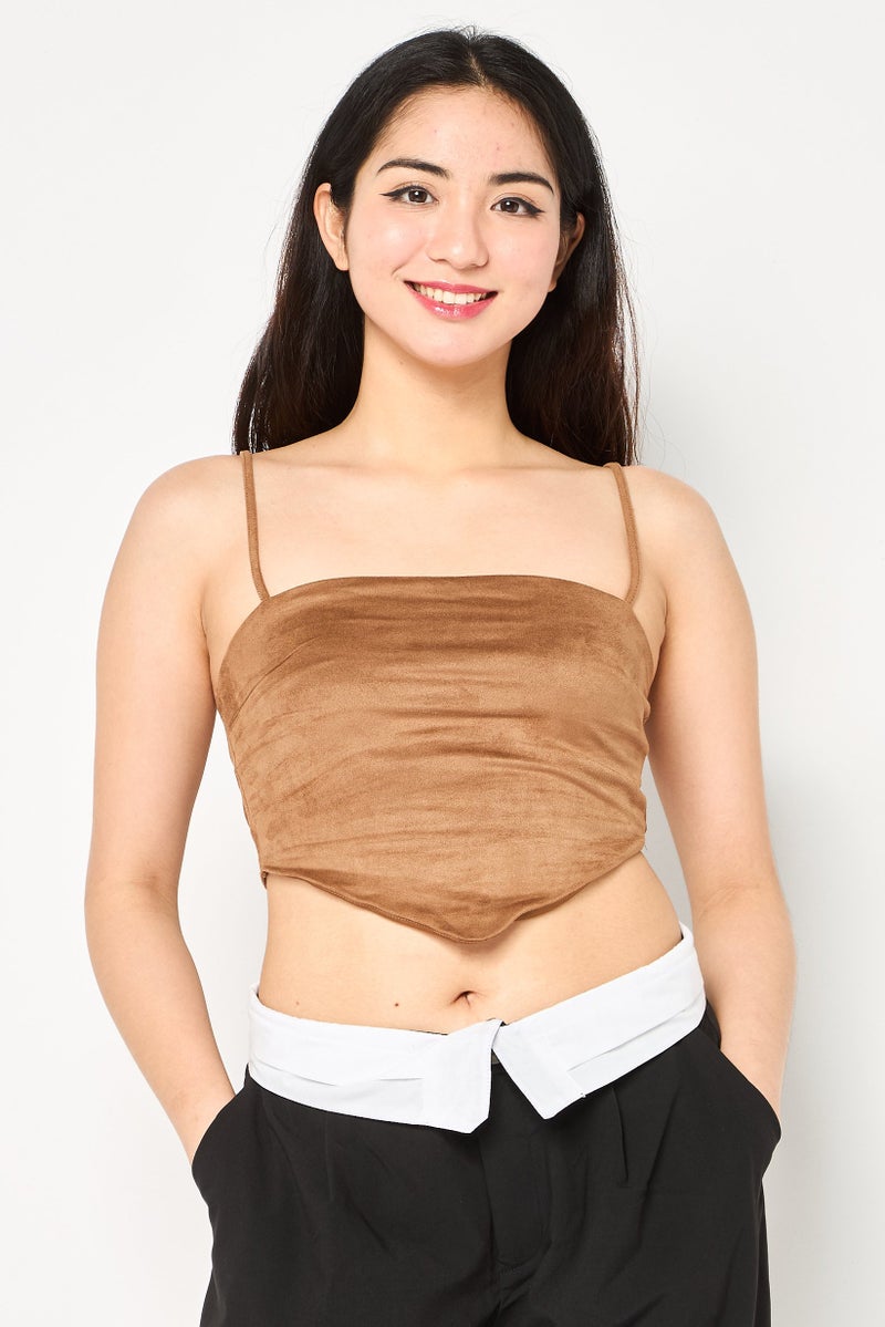 FOREVER 21 تي شيرت نسائي بلا أكمام بتصميم مربع العنق، بني - Image 1