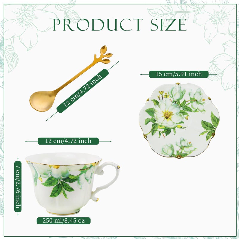 TATSUMI Country Roses Bone China Tea Cup and Saucer Set, 3 Pieces, Vintage Style, For Women and Tea Parties(Green,1 Set) - Image 2