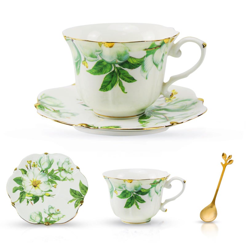 TATSUMI Country Roses Bone China Tea Cup and Saucer Set, 3 Pieces, Vintage Style, For Women and Tea Parties(Green,1 Set) - Image 1