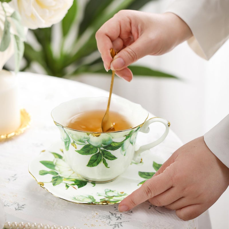 TATSUMI Country Roses Bone China Tea Cup and Saucer Set, 3 Pieces, Vintage Style, For Women and Tea Parties(Green,1 Set) - Image 3