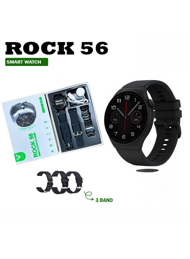 براندكود ساعة ذكية Rock56 مع 3 أحزمة قابلة للتبديل مراقبة معدل ضربات القلب والنوم وشاشة لمس كاملة منحنية وأنماط رياضية متعددة، مناسبة للرجال والنساء - Image 1