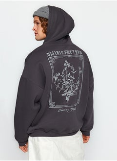 Anthracite Men's Oversize Hooded Fluffy Floral Print Fleece Inner Sweatshirt.