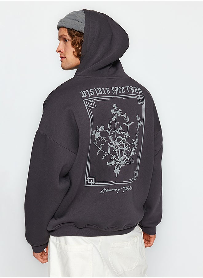trendyol - Anthracite Men's Oversize Hooded Fluffy Floral Print Fleece Inner Sweatshirt. - Image 1