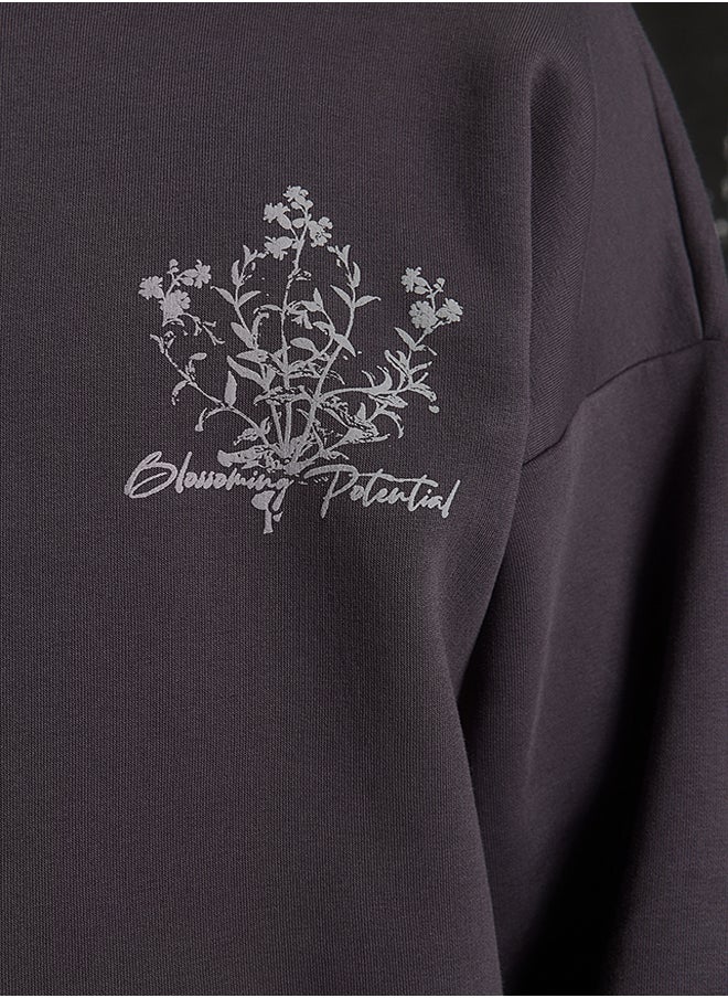 trendyol - Anthracite Men's Oversize Hooded Fluffy Floral Print Fleece Inner Sweatshirt. - Image 1