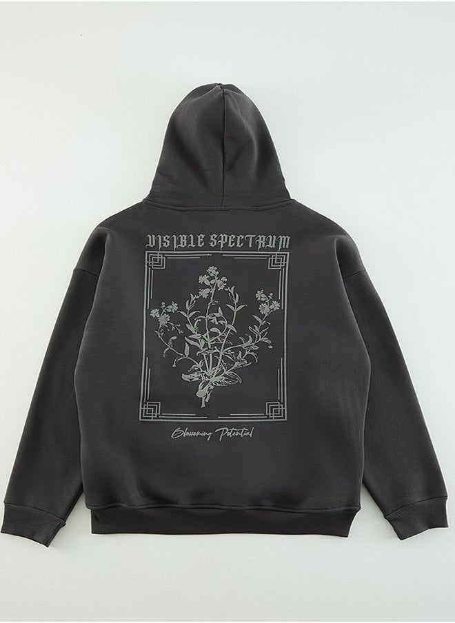 trendyol - Anthracite Men's Oversize Hooded Fluffy Floral Print Fleece Inner Sweatshirt. - Image 1