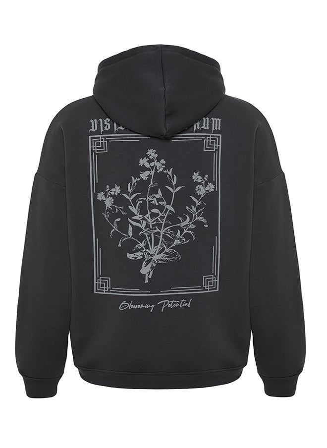 trendyol - Anthracite Men's Oversize Hooded Fluffy Floral Print Fleece Inner Sweatshirt. - Image 1
