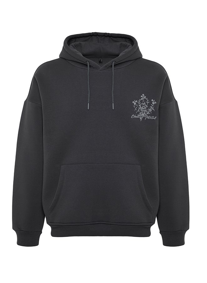 trendyol - Anthracite Men's Oversize Hooded Fluffy Floral Print Fleece Inner Sweatshirt. - Image 1