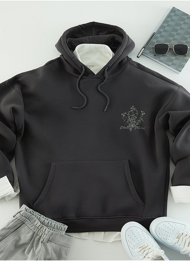 trendyol - Anthracite Men's Oversize Hooded Fluffy Floral Print Fleece Inner Sweatshirt. - Image 1
