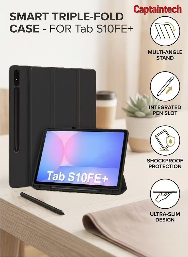 Captaintech Premium Leather Flip Cover for Samsung Galaxy Tab S10 FE+ / S10 FE Plus 2025 - Smart Stand Hard Case with Stylus Pen Holder u0026 Auto Sleep/Wake Function, Black - Image 1