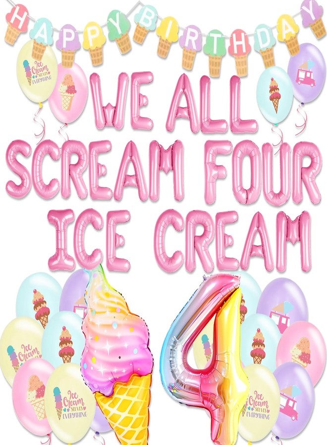 Roaring Good Time 4th Birthday Decorations for Girls Ice Cream Party Supplies Ice Cream Cupcake Toppers Banner Sweet Themed Party Decor for 4 Year Old Girl Treat Celebration - Image 1