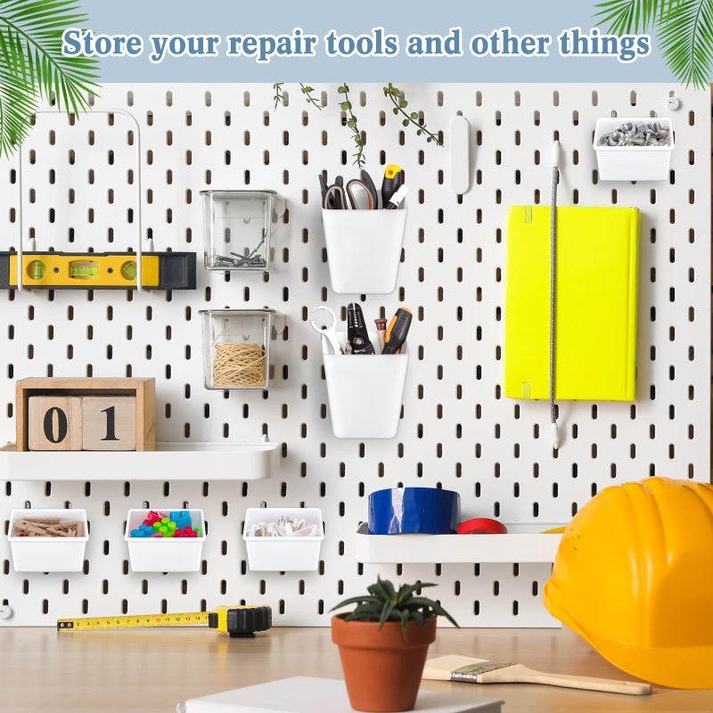 Jinei 12 Pcs Pegboard Bins and Cups with Hooks and Loops Peg Assortment Organizer Accessories Various Tool Organizer Pegboard Basket Set for Garage Workshop Workbench Office(White) - Image 5