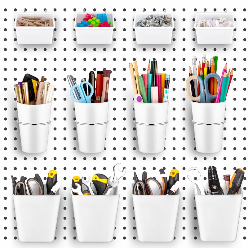 Jinei 12 Pcs Pegboard Bins and Cups with Hooks and Loops Peg Assortment Organizer Accessories Various Tool Organizer Pegboard Basket Set for Garage Workshop Workbench Office(White) - Image 1