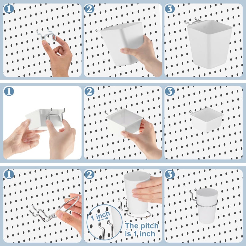 Jinei 12 Pcs Pegboard Bins and Cups with Hooks and Loops Peg Assortment Organizer Accessories Various Tool Organizer Pegboard Basket Set for Garage Workshop Workbench Office(White) - Image 3