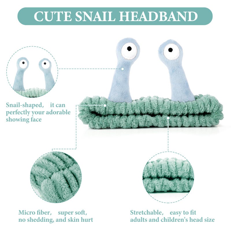 Molain Face Wash Headband, Palm and Snail Spa Hair Bands Makeup Headbands Women Cartoon Cute Coral Fleece Elastic Headband Creative Hair Accessories for Washing Face Shower Sports (Blue and Green) - Image 3