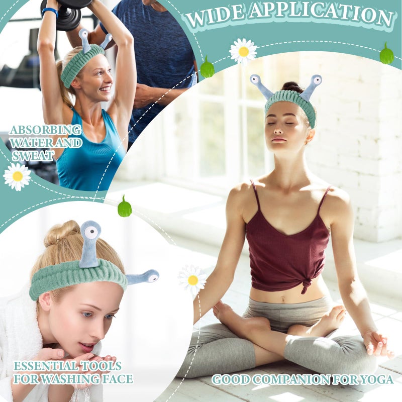 Molain Face Wash Headband, Palm and Snail Spa Hair Bands Makeup Headbands Women Cartoon Cute Coral Fleece Elastic Headband Creative Hair Accessories for Washing Face Shower Sports (Blue and Green) - Image 5