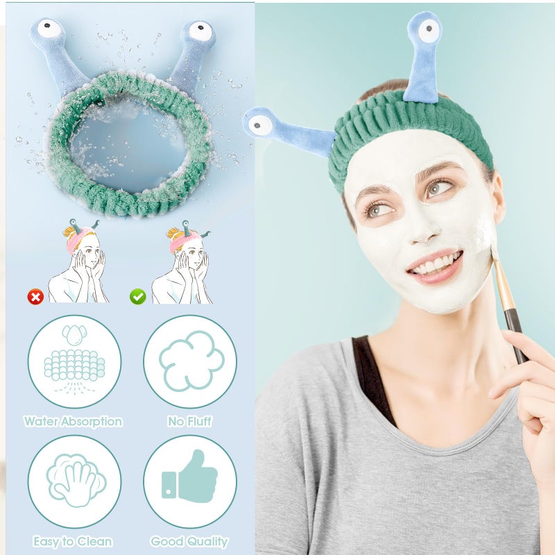 Molain Face Wash Headband, Palm and Snail Spa Hair Bands Makeup Headbands Women Cartoon Cute Coral Fleece Elastic Headband Creative Hair Accessories for Washing Face Shower Sports (Blue and Green) - Image 4