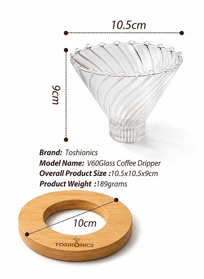 Toshionics V60 Glass Coffee Dripper With Wooden Base Clear 500ml - Image 2