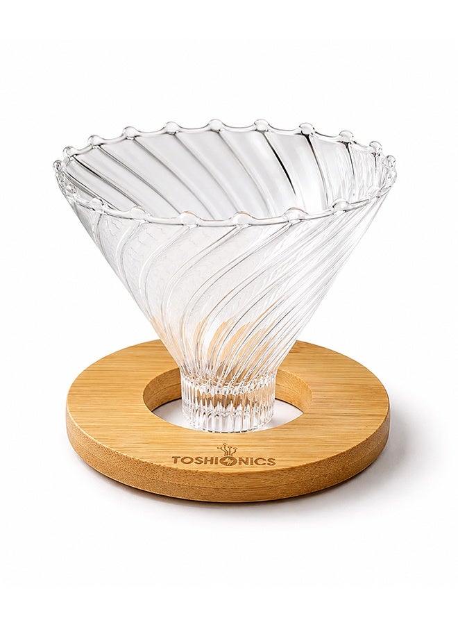 Toshionics V60 Glass Coffee Dripper With Wooden Base Clear 500ml - Image 1