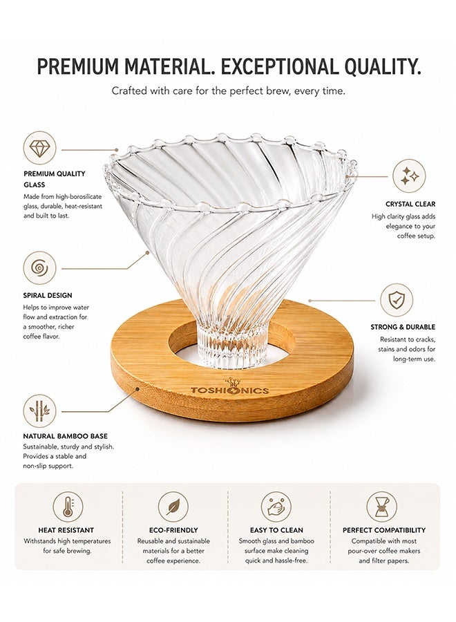 Toshionics V60 Glass Coffee Dripper With Wooden Base Clear 500ml - Image 3