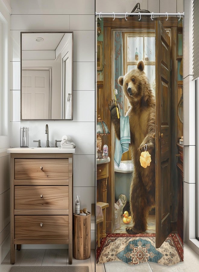LGhtyro Small Stall RV Funny Bear Shower Curtain Bathroom Set 36Wx71H Inches Farmhouse Animal Bathing Retro Rustic Country Wooden Wildlife Bath Accessories Hilarious Art Home Decor Fabric 7 Pack Hooks - Image 1