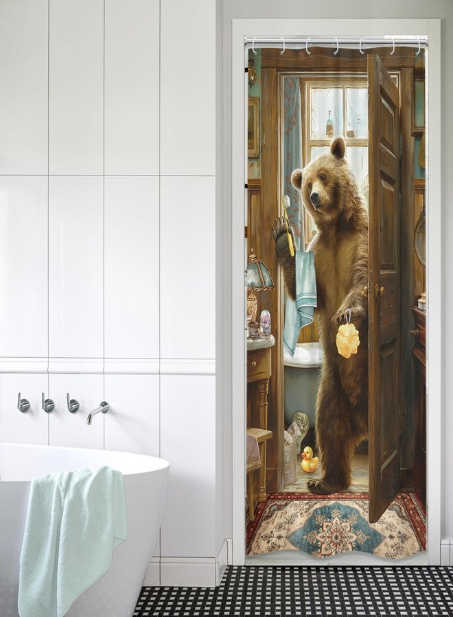 LGhtyro Small Stall RV Funny Bear Shower Curtain Bathroom Set 36Wx71H Inches Farmhouse Animal Bathing Retro Rustic Country Wooden Wildlife Bath Accessories Hilarious Art Home Decor Fabric 7 Pack Hooks - Image 3