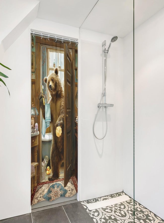 LGhtyro Small Stall RV Funny Bear Shower Curtain Bathroom Set 36Wx71H Inches Farmhouse Animal Bathing Retro Rustic Country Wooden Wildlife Bath Accessories Hilarious Art Home Decor Fabric 7 Pack Hooks - Image 4