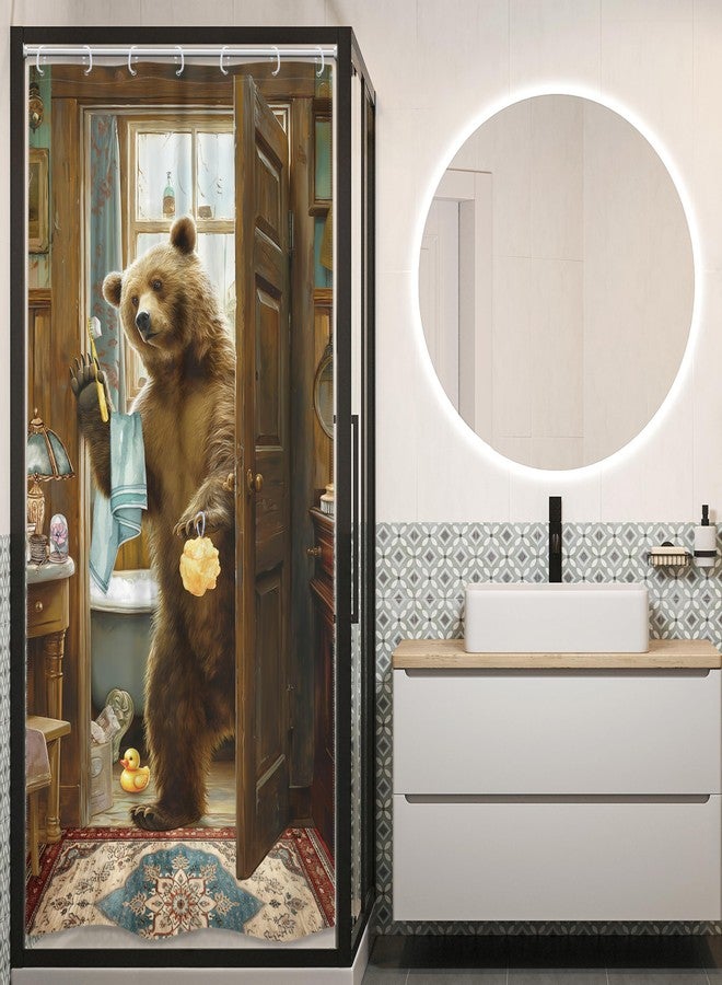 LGhtyro Small Stall RV Funny Bear Shower Curtain Bathroom Set 36Wx71H Inches Farmhouse Animal Bathing Retro Rustic Country Wooden Wildlife Bath Accessories Hilarious Art Home Decor Fabric 7 Pack Hooks - Image 2