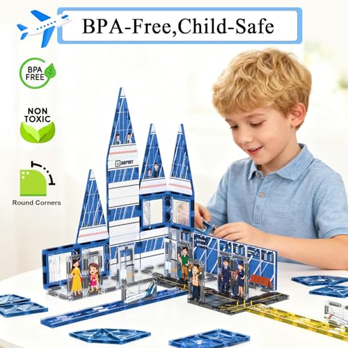 AFUNX Magnetic Tiles 54PCS Airport Theme Building Blocks Set Magnet Building Blocks and STEM Preschool Educational Toys for Kids Toddlers Ages 35 57 810 - Image 5