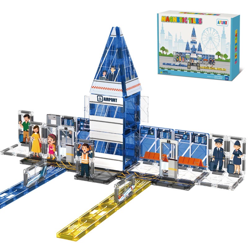 AFUNX Magnetic Tiles 54PCS Airport Theme Building Blocks Set Magnet Building Blocks and STEM Preschool Educational Toys for Kids Toddlers Ages 35 57 810 - Image 3