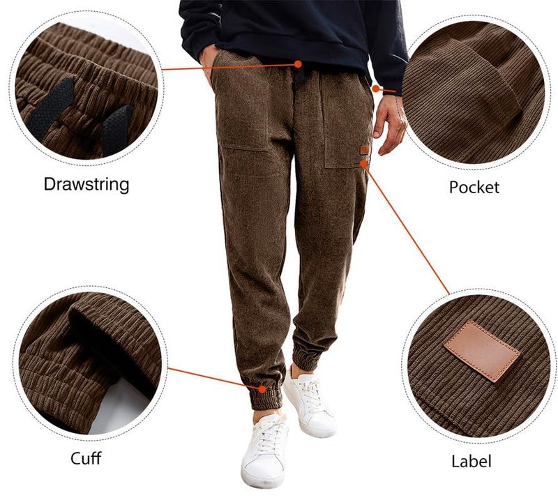 JMIERR Men's Baggy Corduroy Pants Casual Harem Cargo Pants Drawstring Waist Stretch Tapered Joggers Sweatpants Pants with Pocket for Men,L,Brown - Image 3