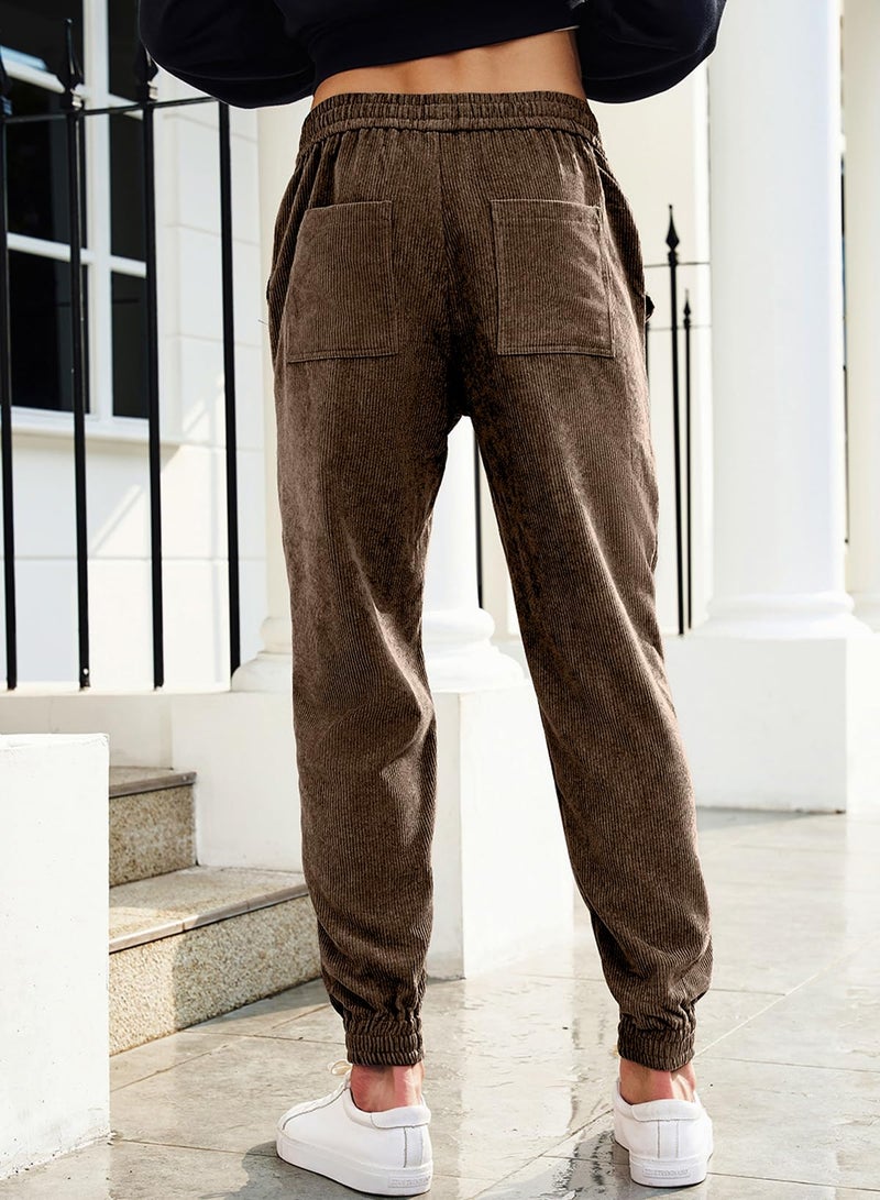 JMIERR Men's Baggy Corduroy Pants Casual Harem Cargo Pants Drawstring Waist Stretch Tapered Joggers Sweatpants Pants with Pocket for Men,L,Brown - Image 1