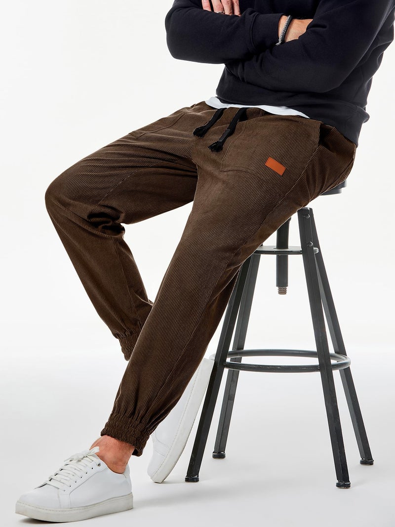 JMIERR Men's Baggy Corduroy Pants Casual Harem Cargo Pants Drawstring Waist Stretch Tapered Joggers Sweatpants Pants with Pocket for Men,L,Brown - Image 4
