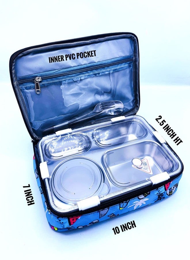 Echo Boomers Blue Colour Printed Insulated Tiffin Bento Lunch Large Bag with Multi Zipper Pockets - Image 2