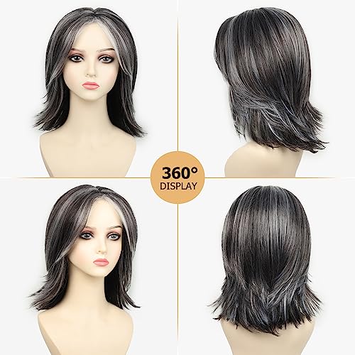 SEVENCOLORS Dark Grey Layered Wigs for Women Medium Length Gray Mixed Silver Wig with Curtain Bangs Synthetic Hair Wavy Bob Wigs - Image 3