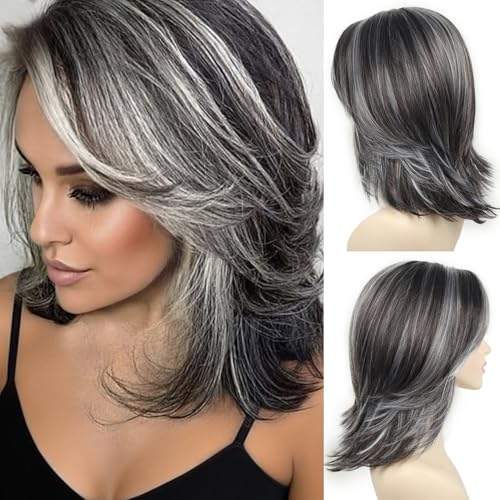 SEVENCOLORS Dark Grey Layered Wigs for Women Medium Length Gray Mixed Silver Wig with Curtain Bangs Synthetic Hair Wavy Bob Wigs - Image 1