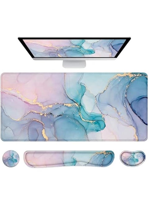 Large Mouse Pad and Keyboard Wrist Rest, 4-in-1 Extended Mouse Pad with Wrist Support, Non-Slip Desk Mat Protector, Ultra Thick Desk Blotter for Office, Home (4pcs-green Marble)
