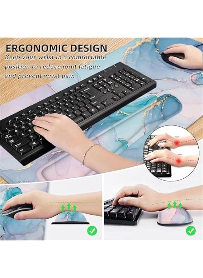 Large Mouse Pad and Keyboard Wrist Rest, 4-in-1 Extended Mouse Pad with Wrist Support, Non-Slip Desk Mat Protector, Ultra Thick Desk Blotter for Office, Home (4pcs-green Marble)