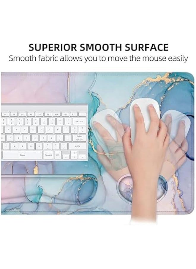Large Mouse Pad and Keyboard Wrist Rest, 4-in-1 Extended Mouse Pad with Wrist Support, Non-Slip Desk Mat Protector, Ultra Thick Desk Blotter for Office, Home (4pcs-green Marble)