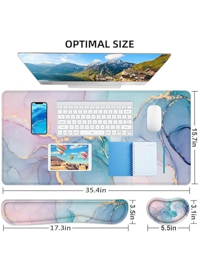 Large Mouse Pad and Keyboard Wrist Rest, 4-in-1 Extended Mouse Pad with Wrist Support, Non-Slip Desk Mat Protector, Ultra Thick Desk Blotter for Office, Home (4pcs-green Marble)