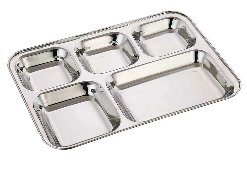 ZAVIAN Stainless Steel Lunch Dinner Plate Mess Thali 3326 cm High Gauge Steel 5 Compartment Bhojan Dish Mess Tray Thali Bhandara Plate 2Silver - Image 1