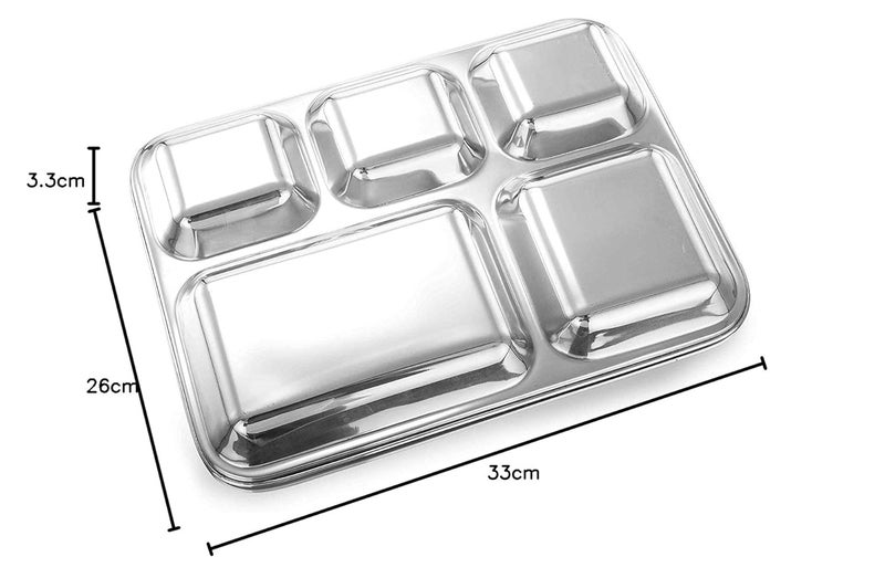 ZAVIAN Stainless Steel Lunch Dinner Plate Mess Thali 3326 cm High Gauge Steel 5 Compartment Bhojan Dish Mess Tray Thali Bhandara Plate 2Silver - Image 2