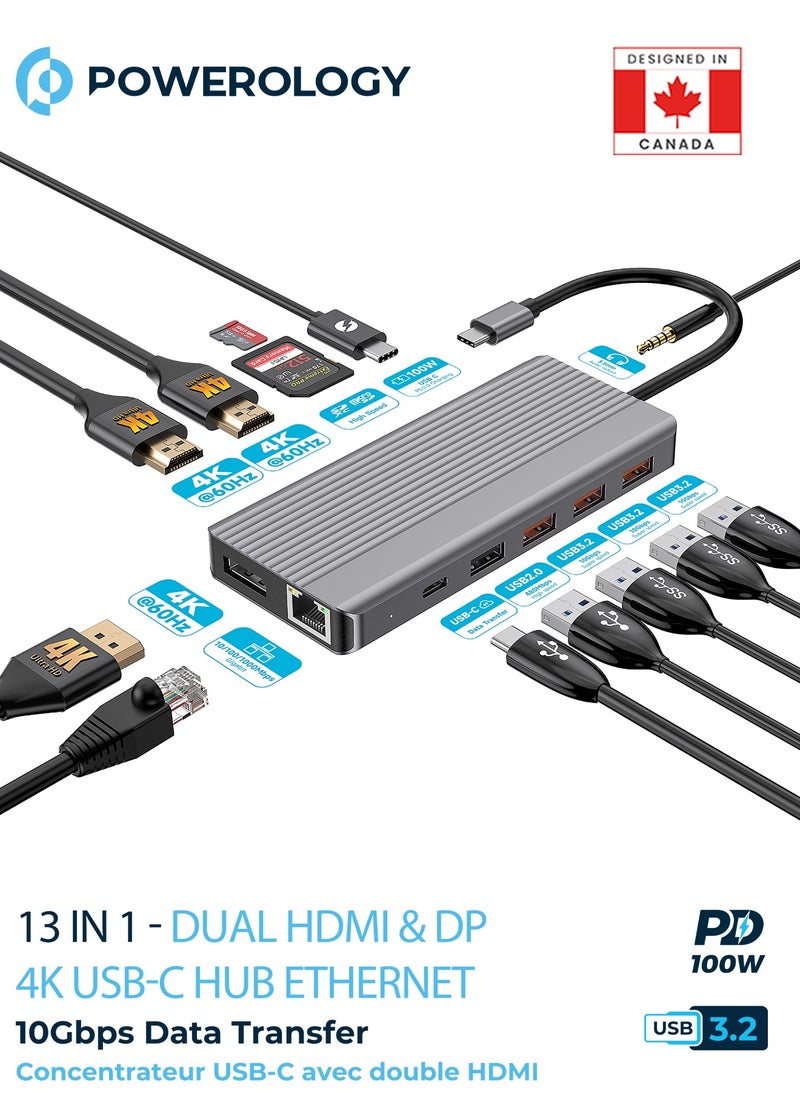 Powerology 13in1 USB-C Hub 4K HDMI Type-C 100W PD Ethernet USB SD MicroSD 3.5AUX - Dark Gray  - Image 1