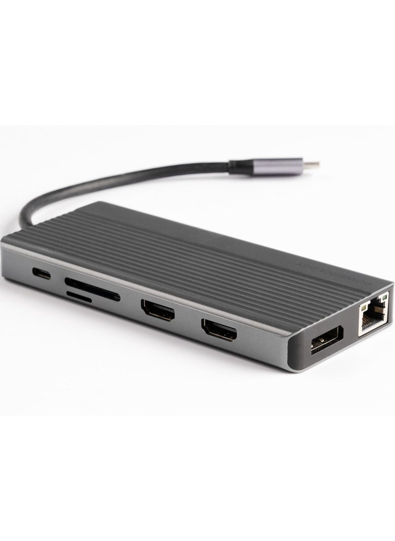 Powerology - 13in1 USB-C Hub 4K HDMI Type-C 100W PD Ethernet USB SD MicroSD 3.5AUX - Dark Gray - Image 1