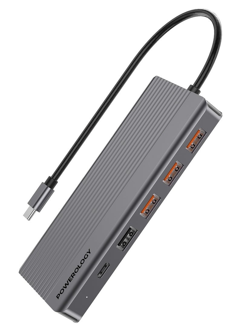 Powerology - 13in1 USB-C Hub 4K HDMI Type-C 100W PD Ethernet USB SD MicroSD 3.5AUX - Dark Gray - Image 1
